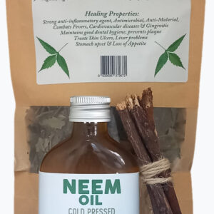 Image of Tea pack, neem oil and dental sticks